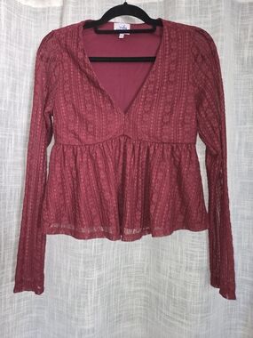 Ruby & Jewell Peplum Lace V-Neck Long Sleeve Top - Women's burgundy M